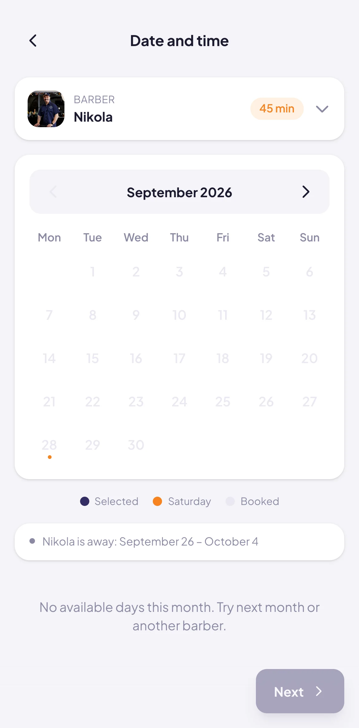 Days off on the booking page
