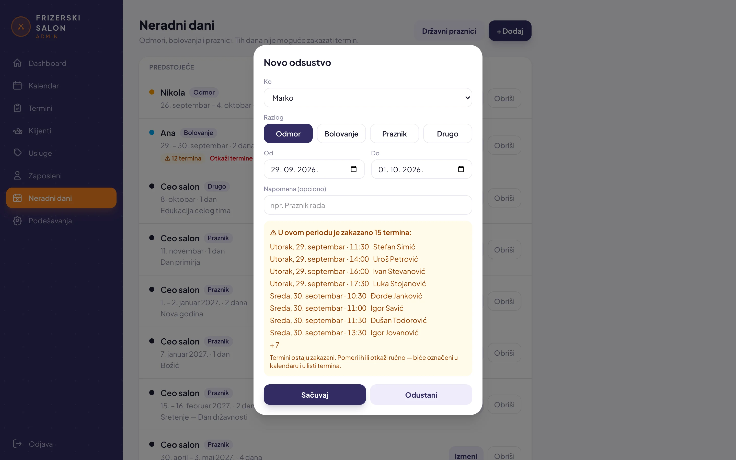 Dodavanje novog odsustva sa upozorenjem na zakazane termine